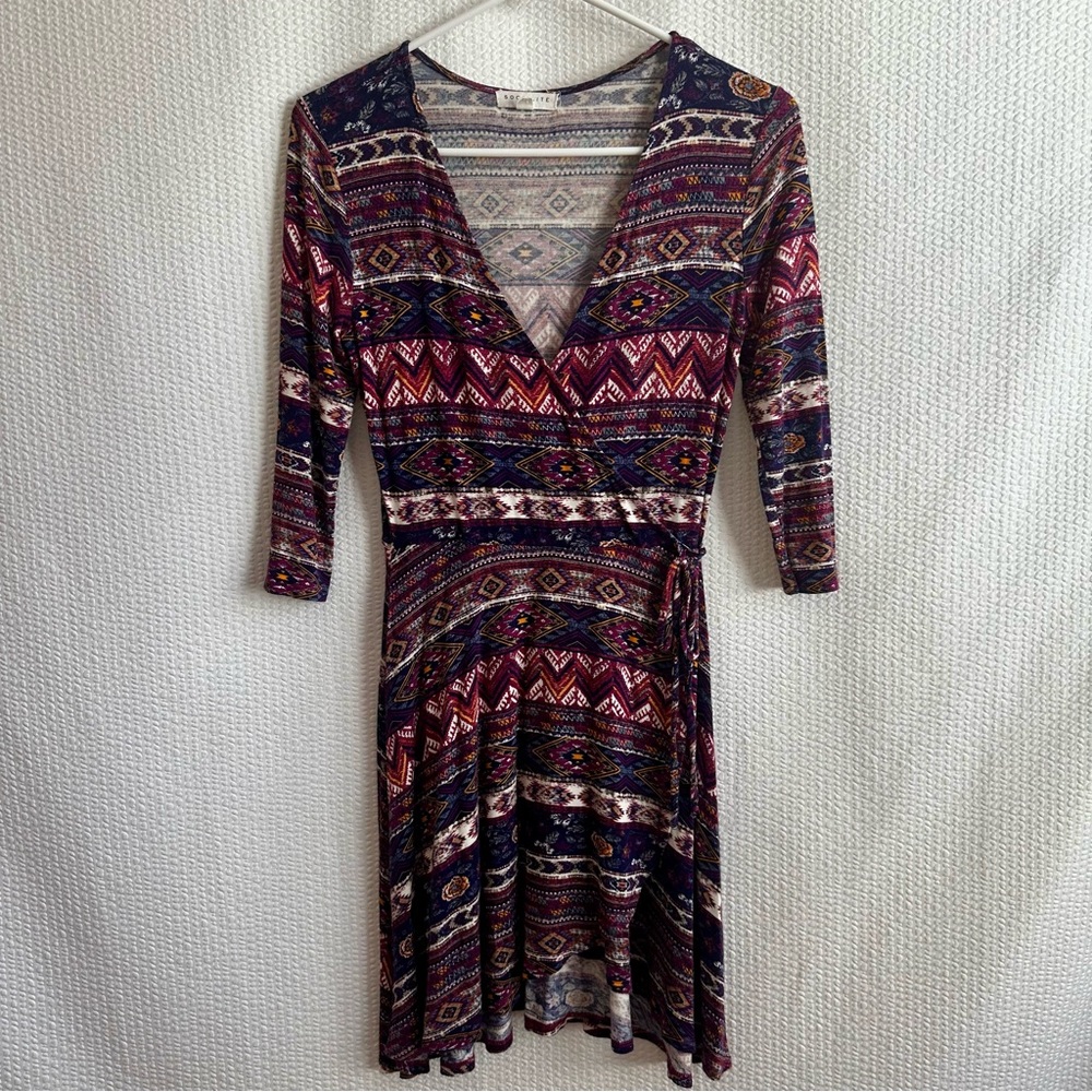 Socialite Boho Faux Wrap Dress Women’s Small Tribal Print 3/4 Sleeve Made USA
